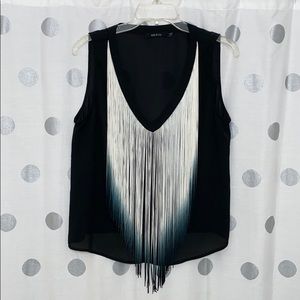 Black V-neck Tank Top with Long Fringe Det…